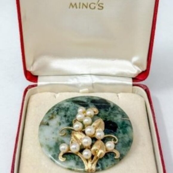 14k MING'S Jade Disc W/Pearl Vine Brooch